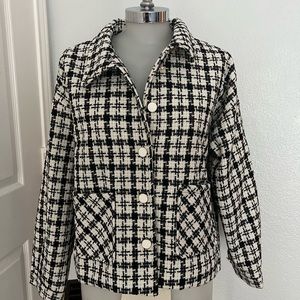 WOMAN WHITE AND BLACK PLAID BOUCLE TWEED MOTO JACKET